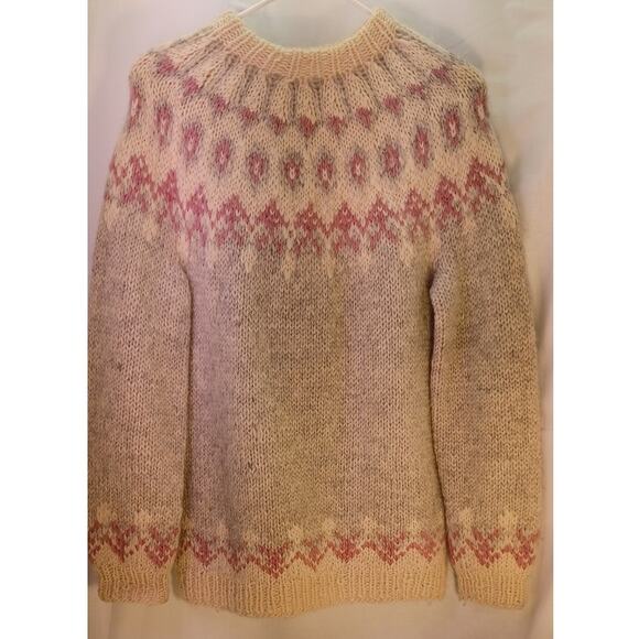 Authentic Icelandic Lopapeysa Sweater Hand-Knitted Wool Size Medium Gray Pink - Picture 1 of 6